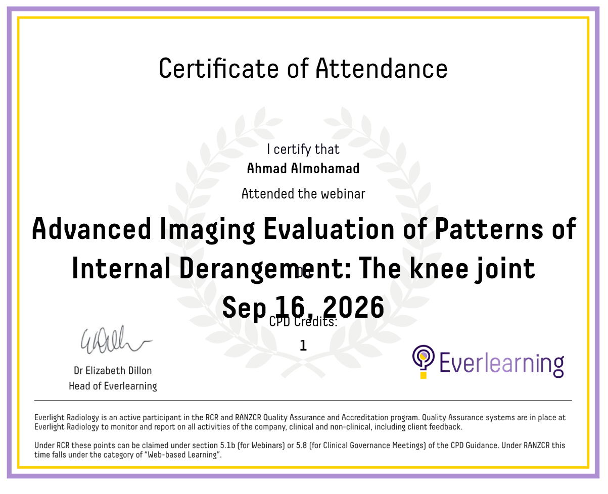 Advanced Imaging Evaluation of Patterns of Internal Derangement: The knee joint Certificate