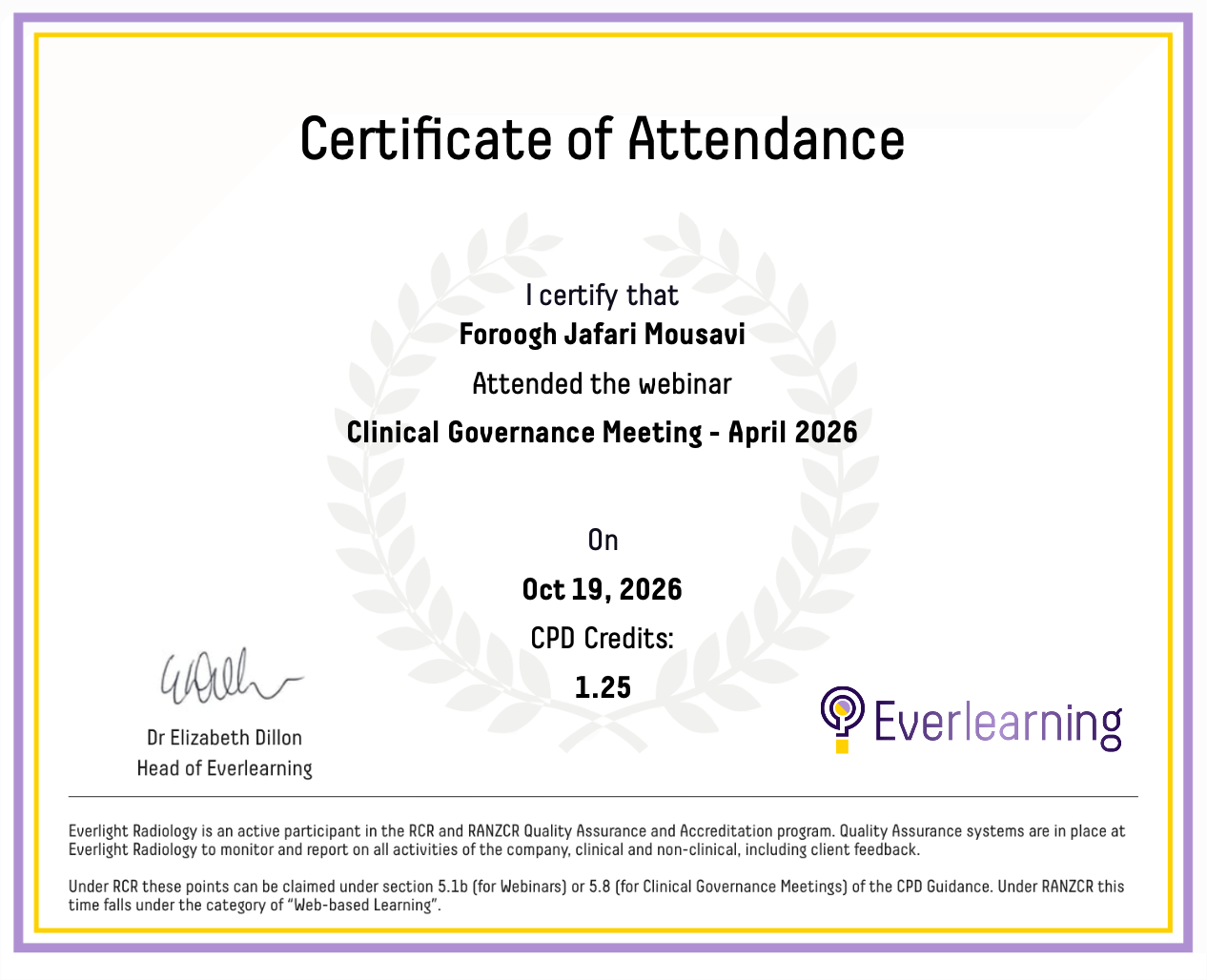 Clinical Governance Meeting - April 2026 Certificate