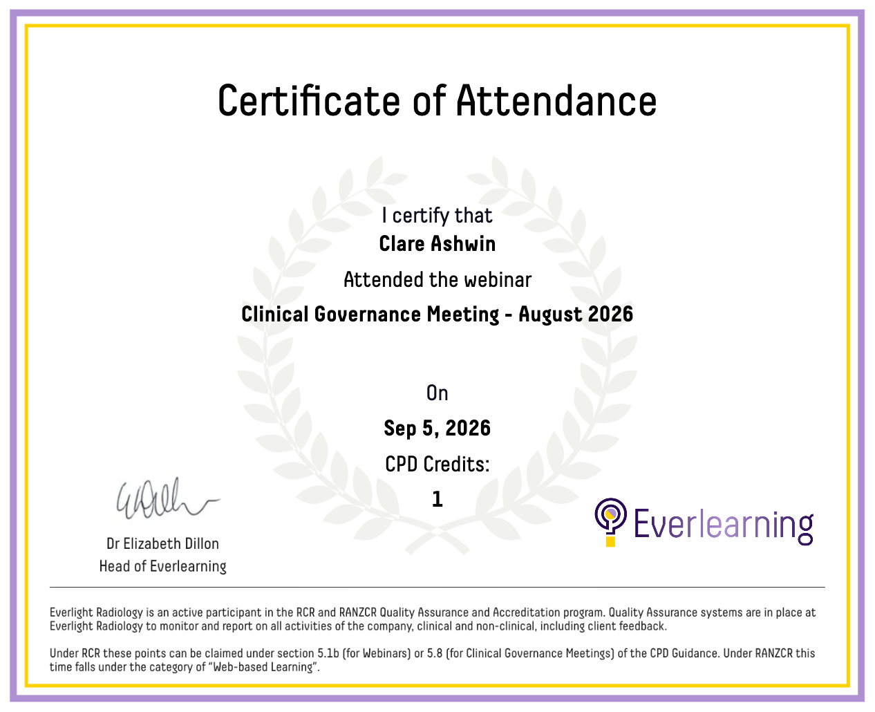 Clinical Governance Meeting - August 2026 Certificate