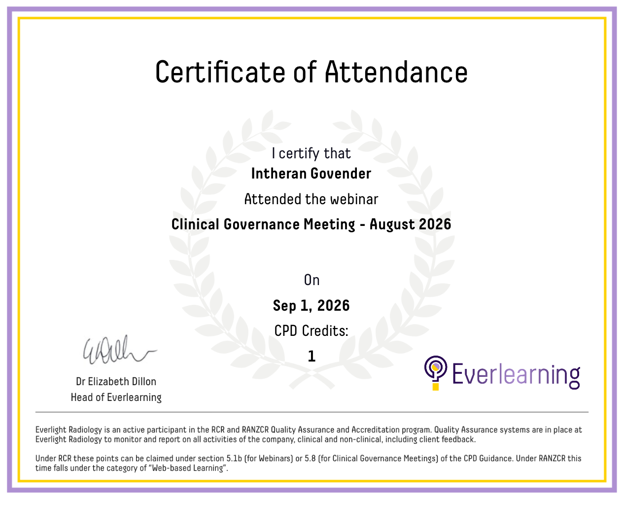 Clinical Governance Meeting - August 2026 Certificate