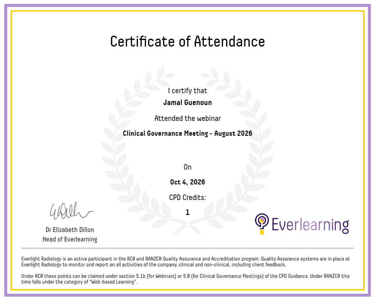 Clinical Governance Meeting - August 2026 Certificate