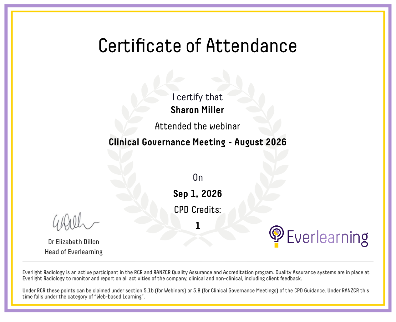 Clinical Governance Meeting - August 2026 Certificate
