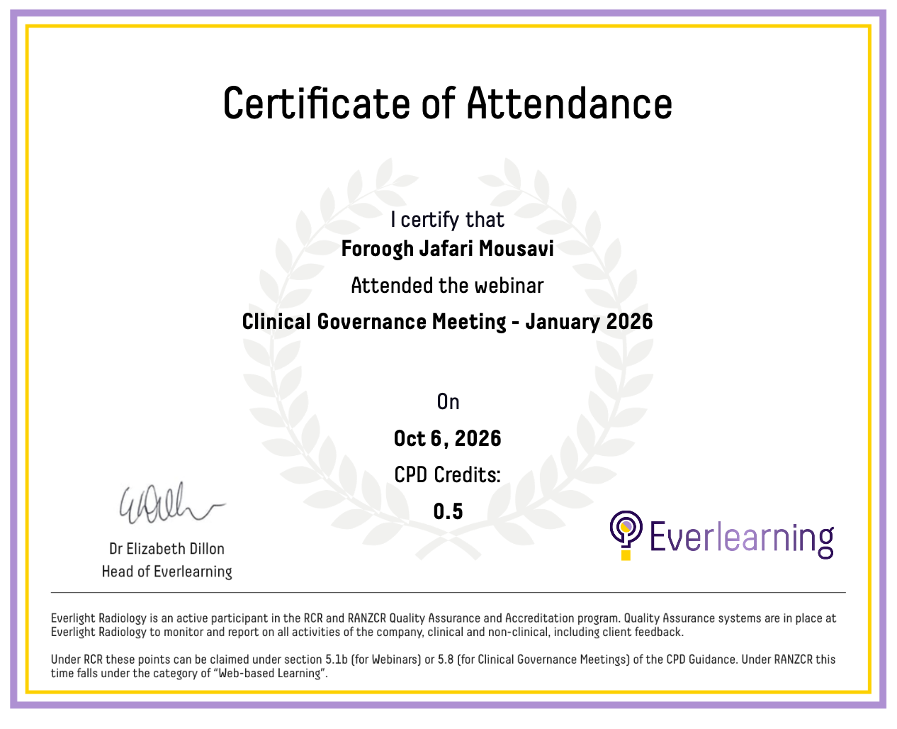 Clinical Governance Meeting - January 2026 Certificate