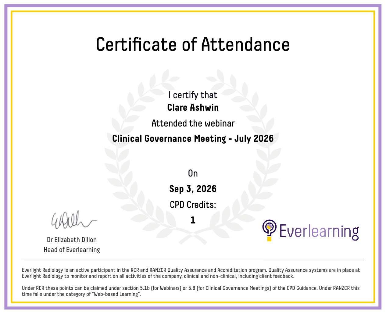 Clinical Governance Meeting - July 2026 Certificate