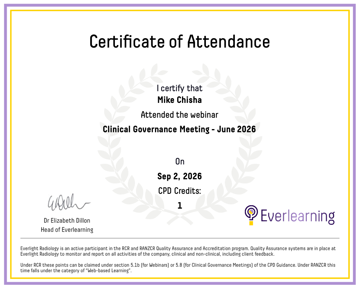 Clinical Governance Meeting - June 2026 Certificate