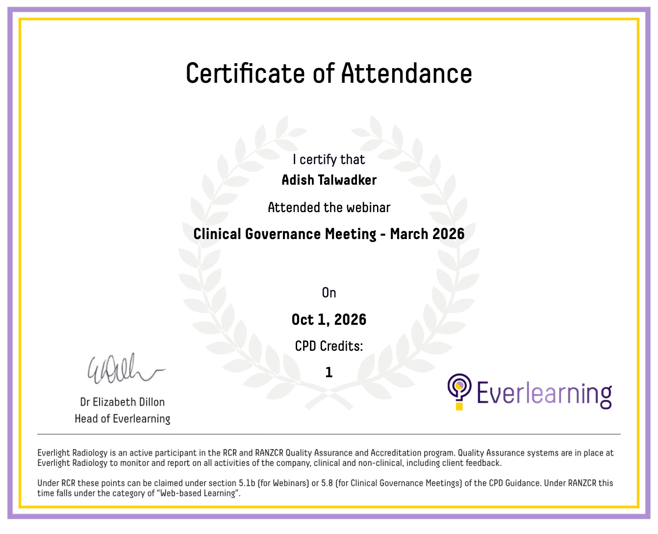 Clinical Governance Meeting - March 2026 Certificate