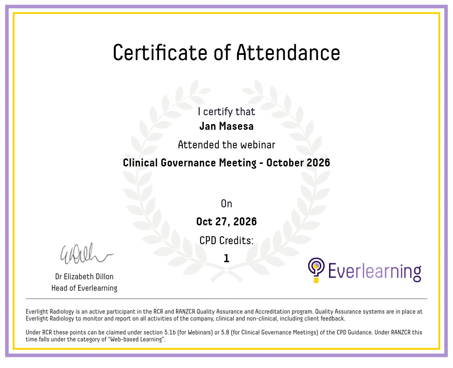 Clinical Governance Meeting - October 2026 Certificate