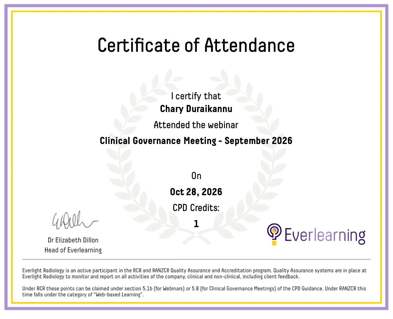 Clinical Governance Meeting - September 2026 Certificate