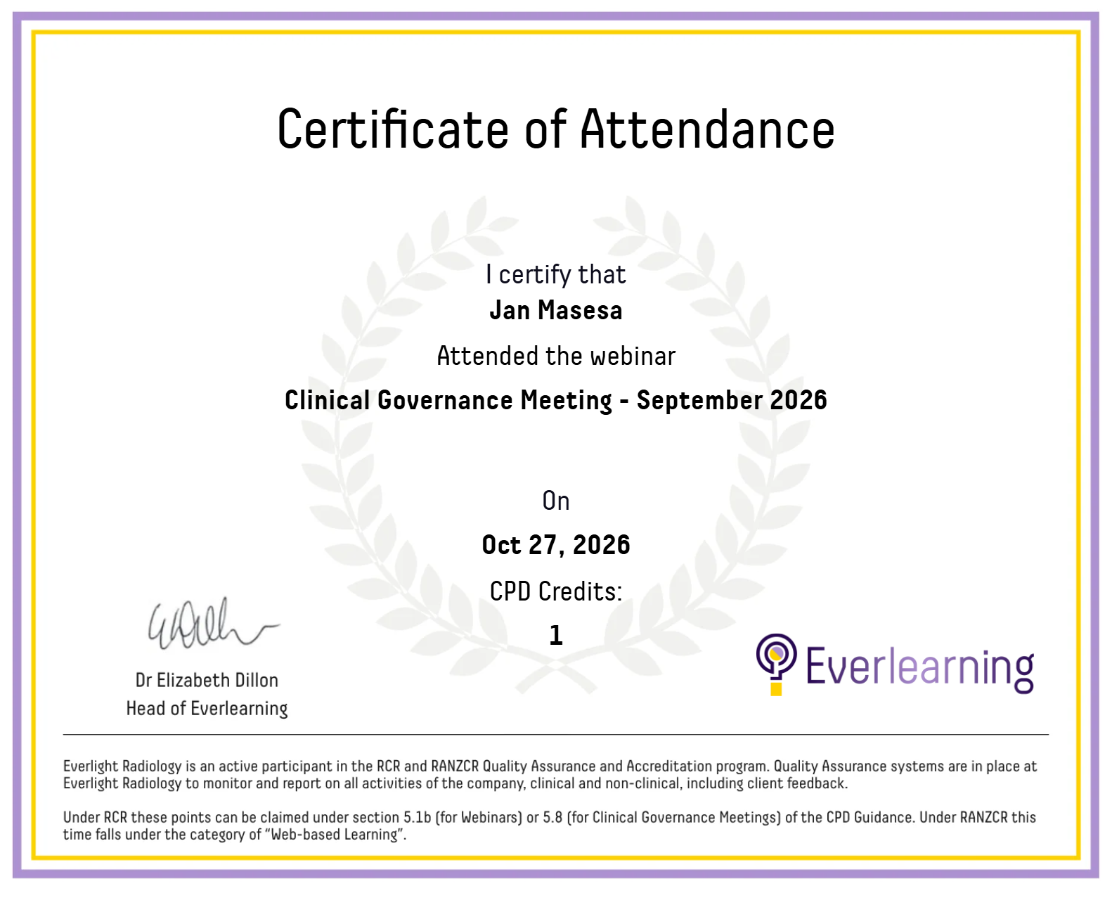 Clinical Governance Meeting - September 2026 Certificate