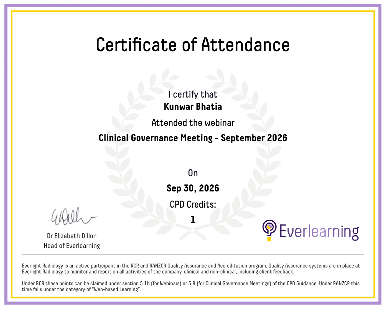 Clinical Governance Meeting - September 2026 Certificate