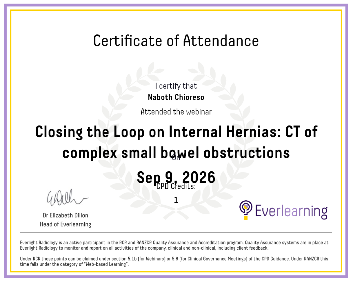 Closing the Loop on Internal Hernias: CT of complex small bowel obstructions Certificate