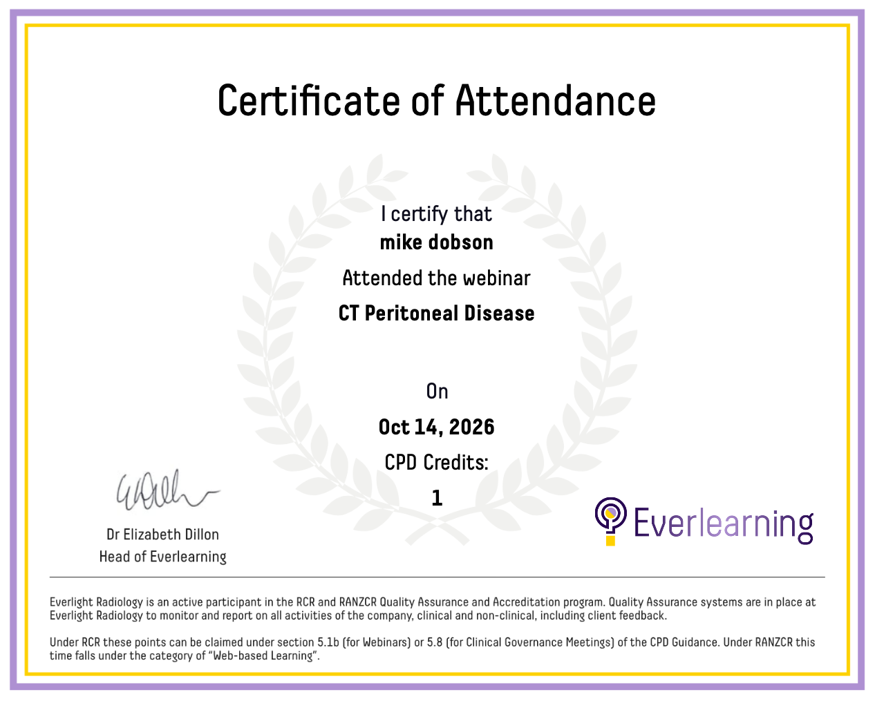 CT Peritoneal Disease Certificate