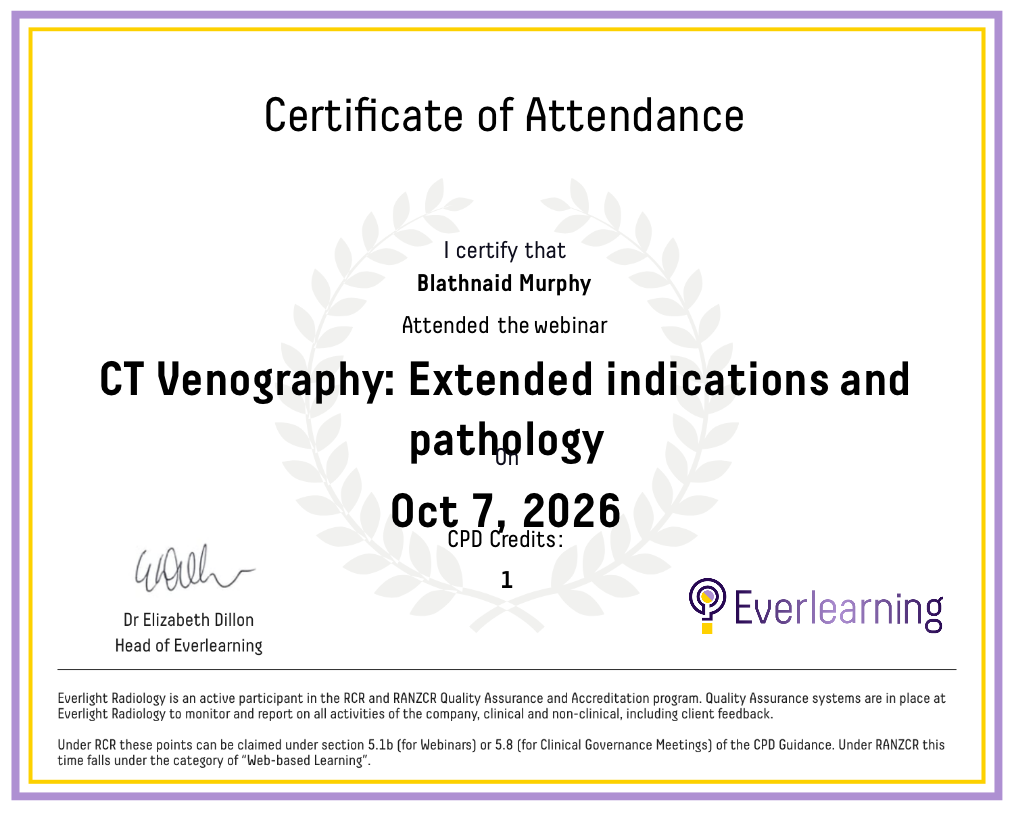 CT Venography: Extended indications and pathology Certificate