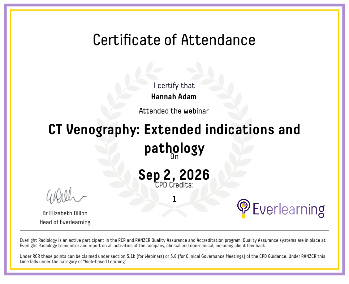 CT Venography: Extended indications and pathology Certificate