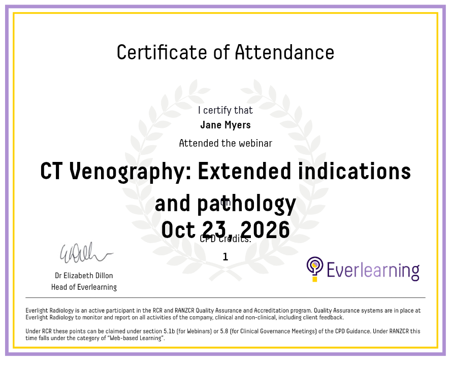 CT Venography: Extended indications and pathology Certificate