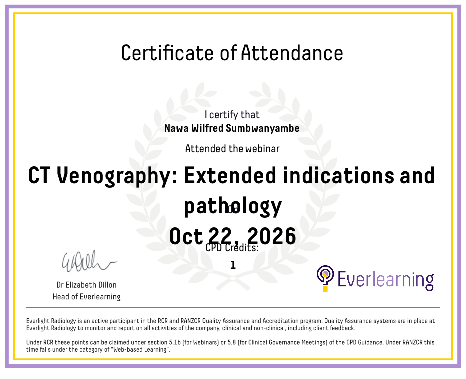 CT Venography: Extended indications and pathology Certificate