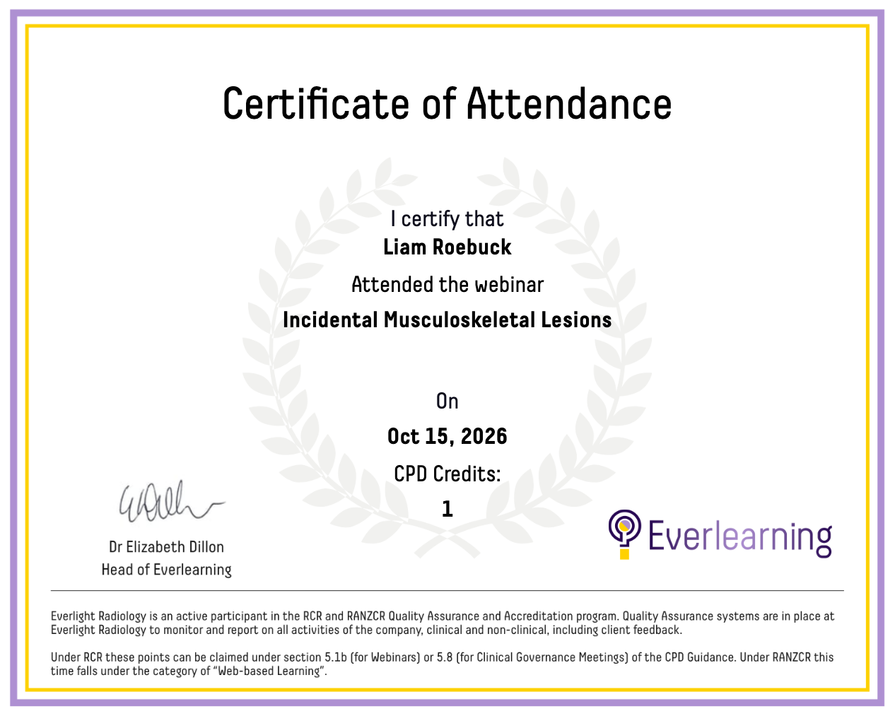 Incidental Musculoskeletal Lesions Certificate
