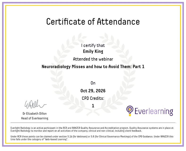 Neuroradiology Misses and how to Avoid Them: Part 1 Certificate