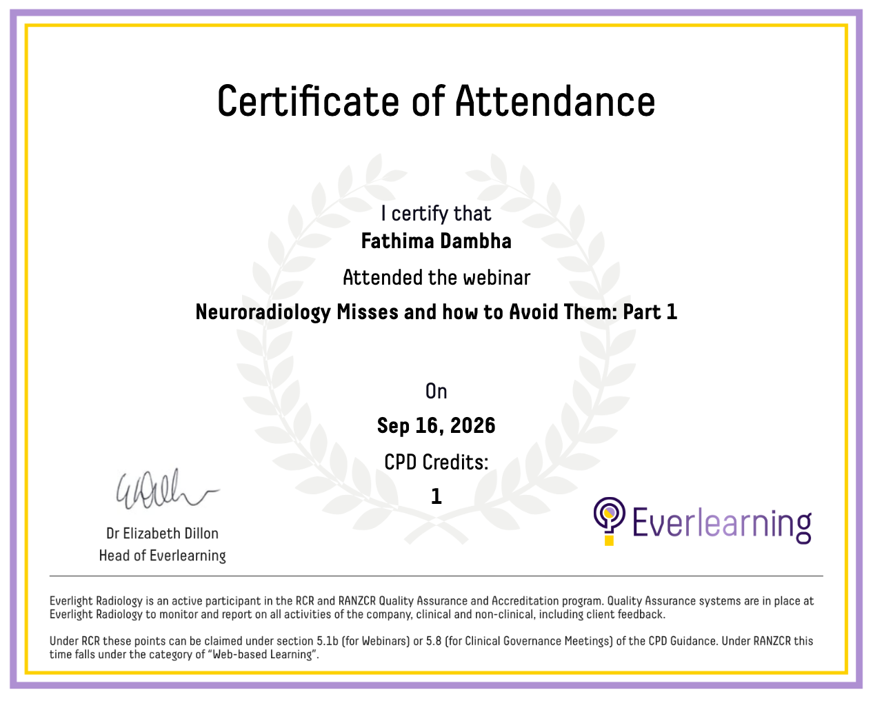 Neuroradiology Misses and how to Avoid Them: Part 1 Certificate