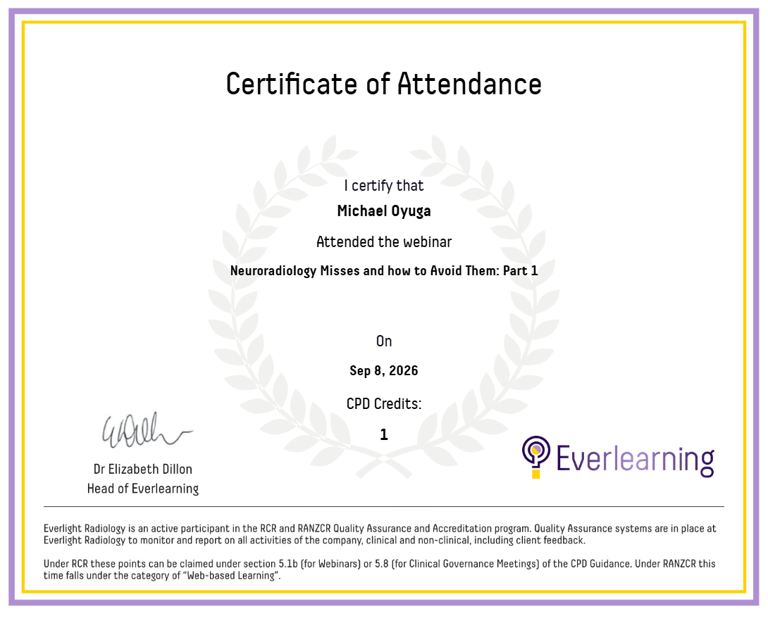 Neuroradiology Misses and how to Avoid Them: Part 1 Certificate