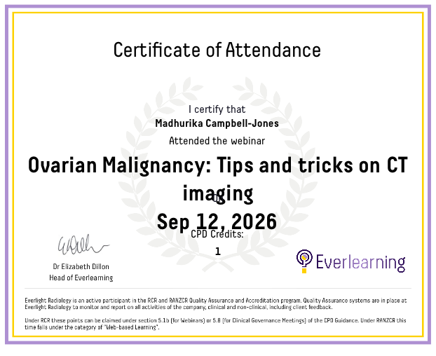 Ovarian Malignancy: Tips and tricks on CT imaging Certificate