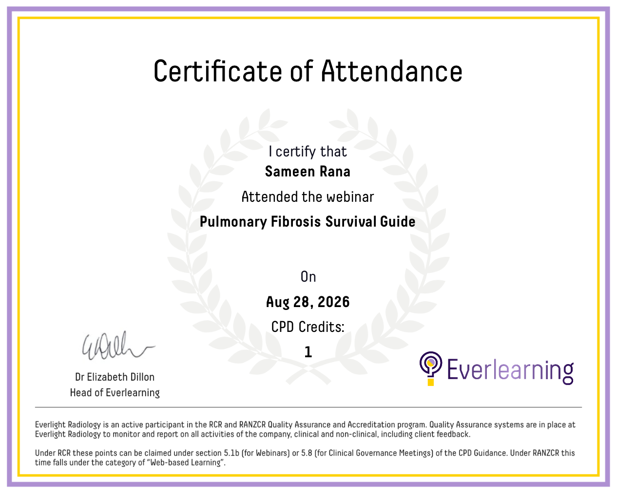 Pulmonary Fibrosis Survival Guide Certificate