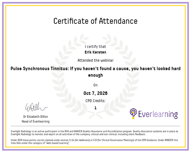 Pulse Synchronous Tinnitus: If you haven't found a cause, you haven't looked hard enough Certificate