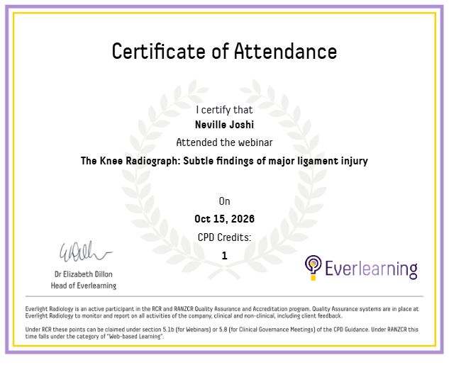 The Knee Radiograph: Subtle findings of major ligament injury Certificate